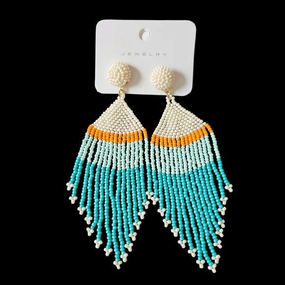 NWT - Elegant Beaded Fringe Earrings - Turquoise, Orange, and Cream - Picture 2 of 7